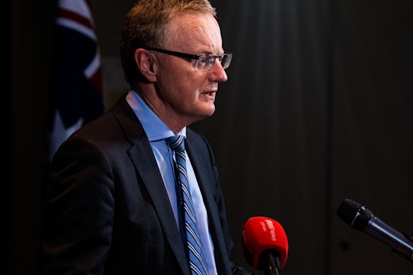 Former Reserve Bank governor Phil Lowe at a rare pandemic-era press conference after the bank’s July board meeting in 2021. 