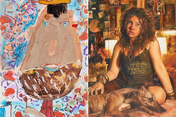 Logan Zhang’s winning portrait of his father,  “My dad”, watercolour, oil pastel and coloured pencil on paper, left, and  Jasmine Rose Lancaster Merton’s self portrait, “My name is Jazz”, oil on paper, right. 