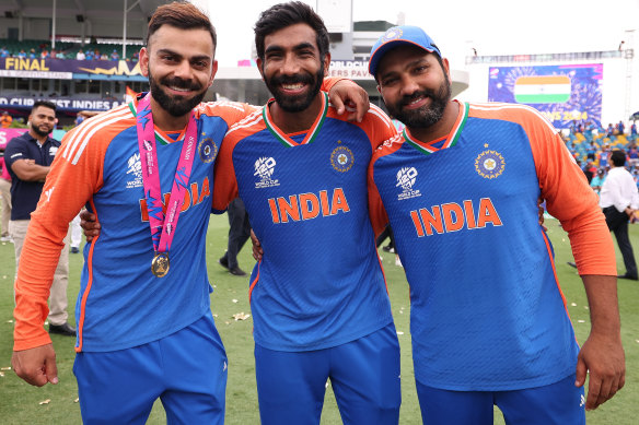 Indian veterans Virat Kohli, Jasprit Bumrah and Rohit Sharma in celebration mode.