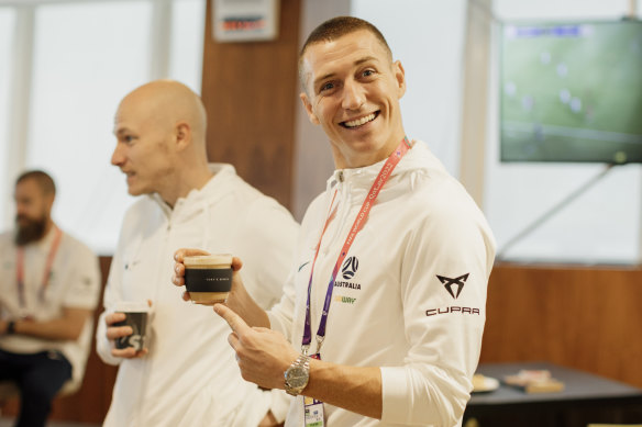 Socceroos striker Mitchell Duke enjoys a fresh cup of the brown stuff at the team’s Aspire Academy base.