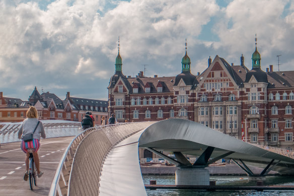 A bicycle bridge in Copenhagen. The country has several great cycling routes.