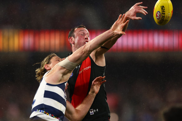 Todd Goldstein of the Bombers competes for the ball 