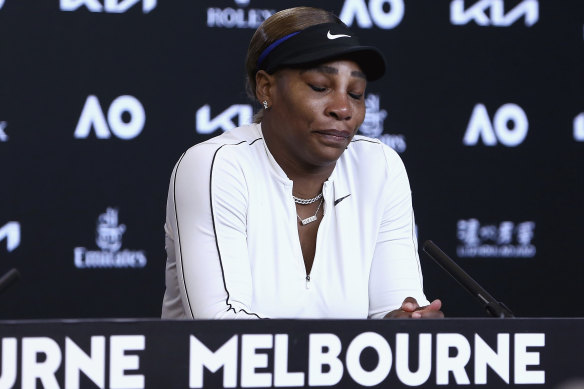 Serena Williams reacts to a question before leaving her press conference following her semi-final loss to Naomi Osaka on Thursday. 