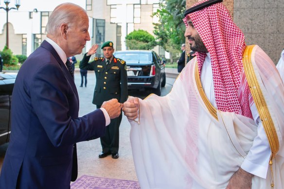 Joe Biden with Saudi Crown Prince Mohammed bin Salman in July during his visit to try and push for increased oil production.