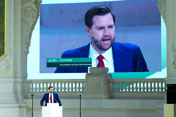 US Vice President J.D. Vance delivers a speech during the Artificial Intelligence Action Summit in Paris in February.
