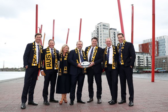 Rugby Australia’s successful bid team in Dublin on Thursday; (from left) Patrick Eyers, Phil Kearns, Pip Marlow, Andy Marinos, Hamish McLennan, Brett Robinson and Anthony French.