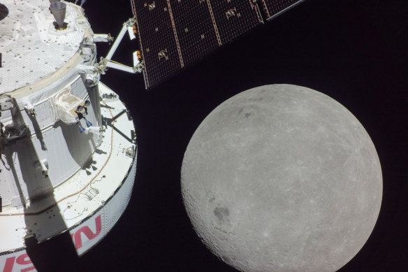 A portion of the far side of the moon looms large just beyond the Orion spacecraft in this image taken on the sixth day of the Artemis I mission by a camera on the tip of one of Orion’s solar arrays. 