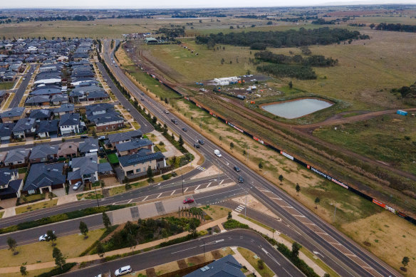 An aerial view of a housing estate in Aintree, in Melbourne’s rapidly growing western fringe.