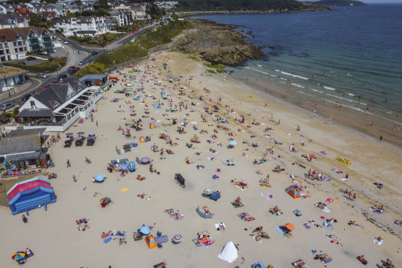 Aerial view of Gyllyngvase Beach on July 18, 2022 in Falmouth, England.
