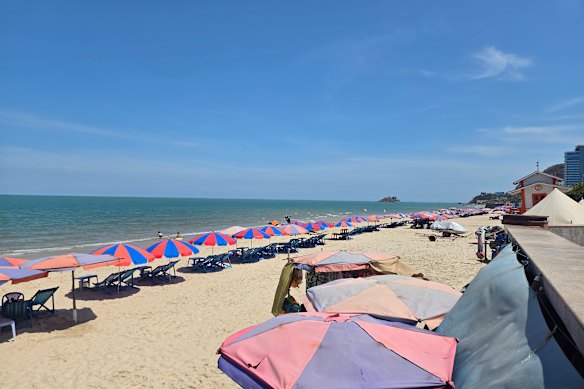 Empty hotel sun-loungers on a beach in Vung Tau, Vietnam.