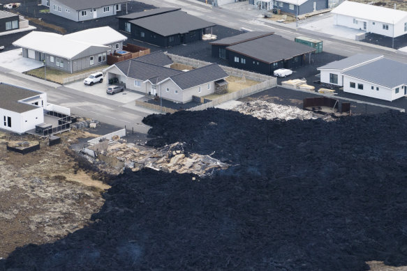 An aerial view of the lava flow front in the town of Grindavik, Iceland.