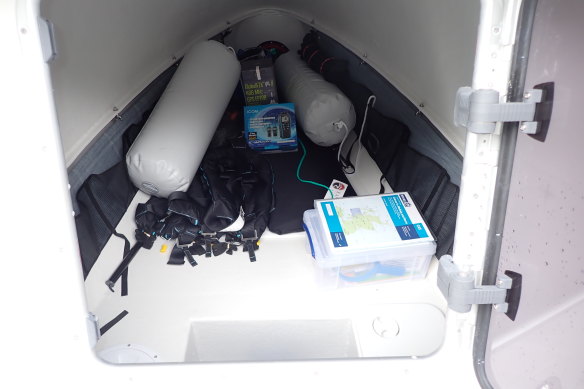 Inside the specially built ocean rowing boat. 