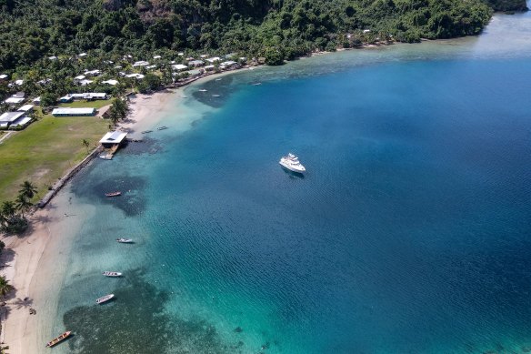 The bay at the village of Salia. The coastline has eroded and many coconut palms have been lost in storm surges. 