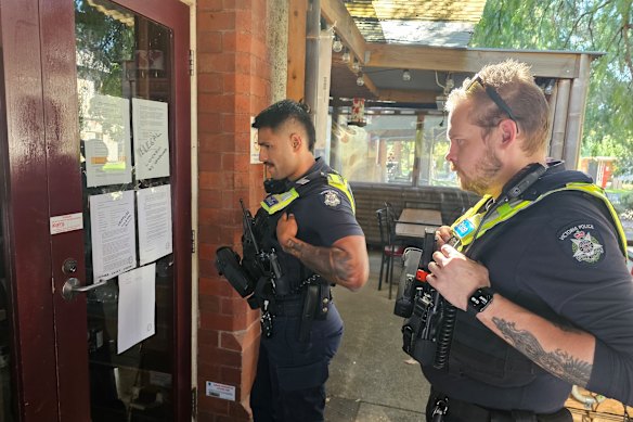 Police attend the Abbotsford Convent on May 1 after the locks were changed at the Kappaya Japanese restaurant.