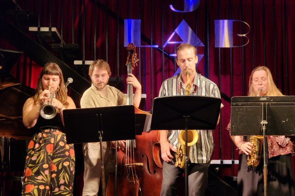 Members of the Monty Shnier Sextet: Ashley Ballat (trumpet); Monty Shnier (bass); Hector Harley (tenor sax); Mia Barham (alto sax).