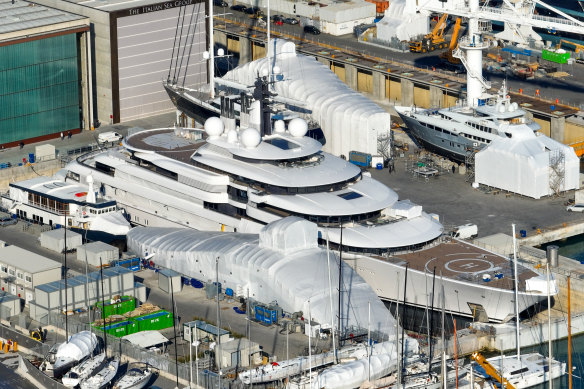 The Scheherazade 459-foot superyacht docked at the shipyard in Marina Di Carrara, Italy.