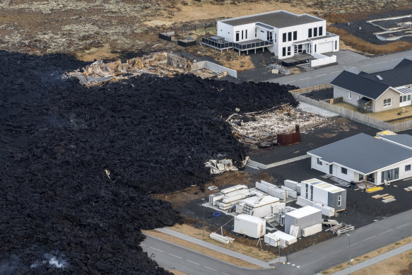 An aerial view of the lava field next to the town of Grindavik, Iceland.