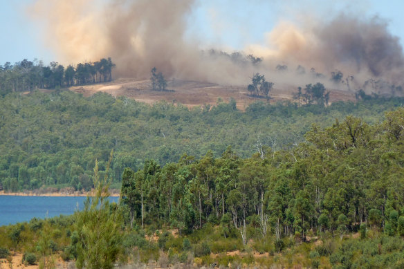 Alcoa blasting bauxite to prepare for mining near Serpentine Dam.