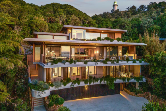 The Harley Graham-designed house is set on the hillside below Byron Bay’s landmark lighthouse.