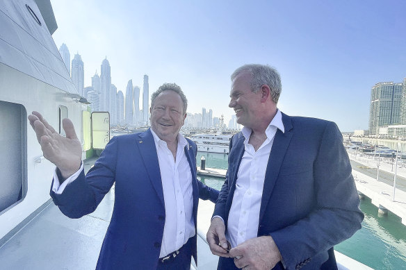 Andrew Forrest and CEO of Fortescue Future Industries Mark Hutchinson on board the Green Pioneer, which is berthed in Dubai.
