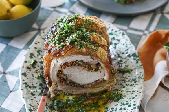 Stuffed porchetta with gremolata.