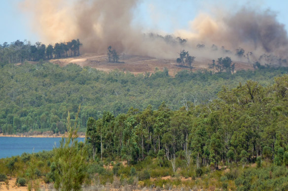 Alcoa blasting bauxite to prepare for mining near Serpentine Dam.