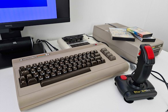 An original Commodore 64, with floppy disk drive and datasette, at Jake Young’s facility in Adelaide.