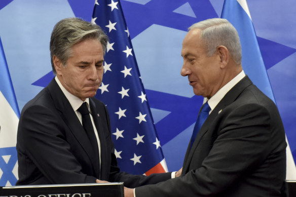 US Secretary of State Anthony Blinken and Israeli Prime Minister Benjamin Netanyahu shake hands after their meeting at the Prime Minister’s Office in Jerusalem.
