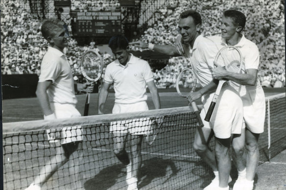 Left to right Australians Lew Hoad, Ken Rosewall (Australia) and Vic Seixas and Tony Trabert (USA).