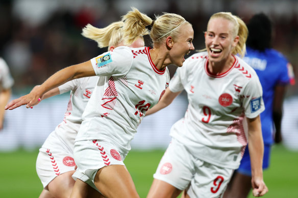 Denmark’s Pernille Harder celebrates after scoring against Haiti in Perth on Tuesday.