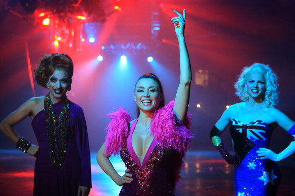 Courtney Act, right, with Dannii Minogue, centre, and Bianca Del Rio ahead of the 2015 Mardi Gras. 