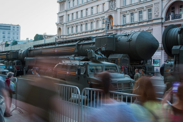 An intercontinental ballistic missile is driven along a Moscow street during rehearsals for Victory Day in 2020.