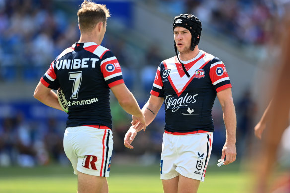 A while between drinks: Sam Walker and Luke Keary are back together at the Roosters scrumbase.