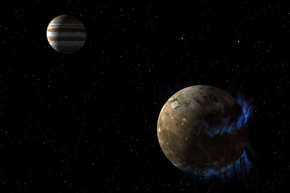In this artist's concept, the moon Ganymede orbits the giant planet Jupiter.