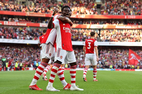 Bukayo Saka after scoring for Arsenal in the north London derby.