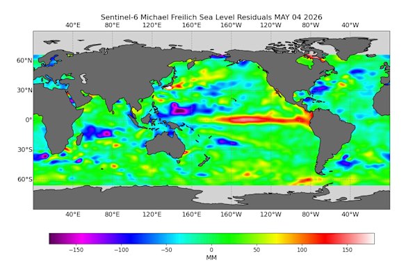 An image from the Sentinel-6 Michael Freilich satellite taken on April 5 showing the emergence of a Kelvin wave in the Pacific Ocean.