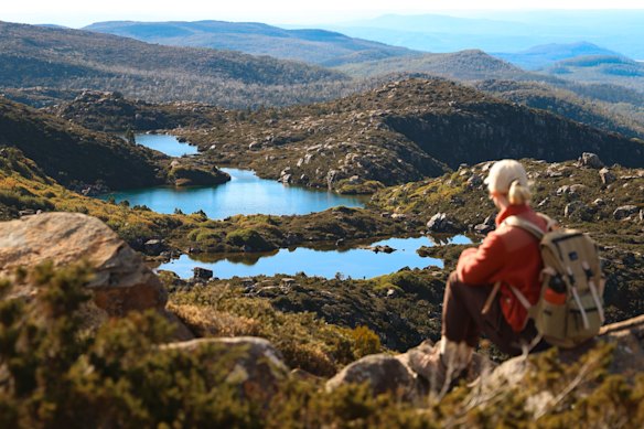 A hiker takes a break along the 12-kilometre Tarn Shelf Circuit.