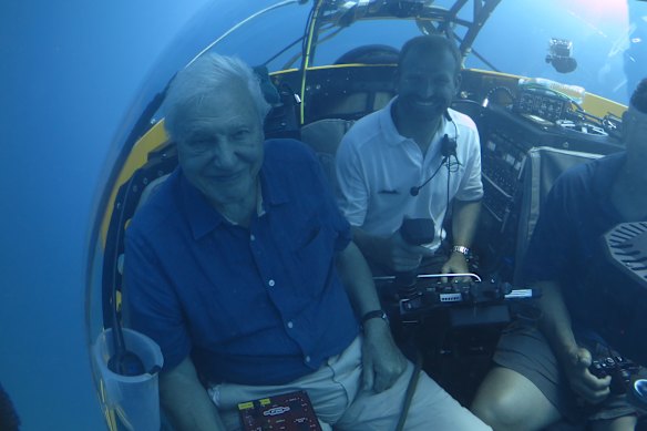 David Attenborough in a submersible for his documentary on the Great Barrier Reef.