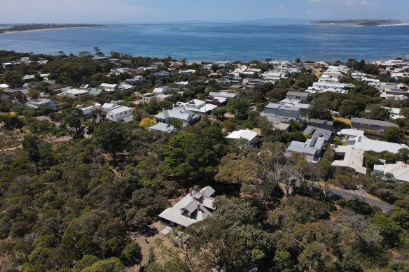 The former Point Lonsdale home and gardens of Australia’s second prime minister, Alfred Deakin, pictured in the bottom foreground, with Port Phillip Heads and Queenscliff in the background.