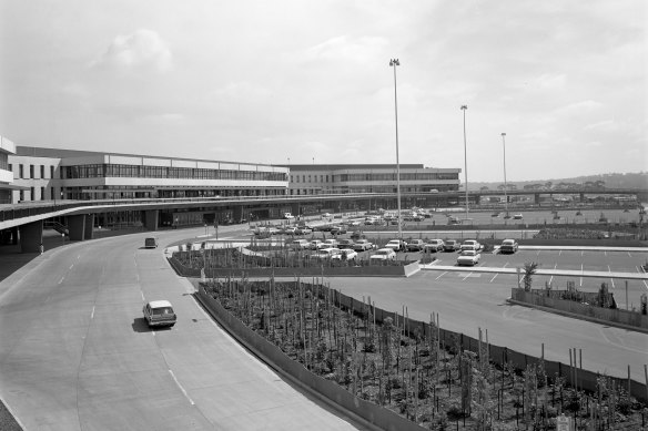 'Futuristic': Melbourne Airport in 1971 with its rose garden, where the multi-storey car park now is.
