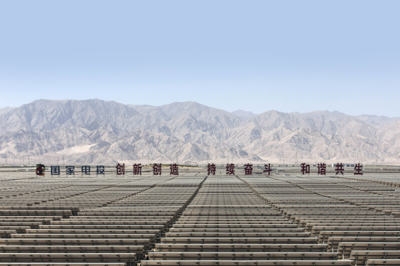 A solar power station on the outskirts of Golmud, Qinghai province. China’s production capacity for solar modules has risen from 337 to 1,405 gigawatts since 2021.