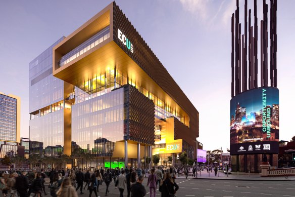 An artist’s sketch of the imagined foot traffic the ECU city campus will bring to Yagan Square at the Horseshoe Bridge. 