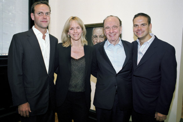 James (left), Elisabeth, Rupert and Lachlan Murdoch in happier times.