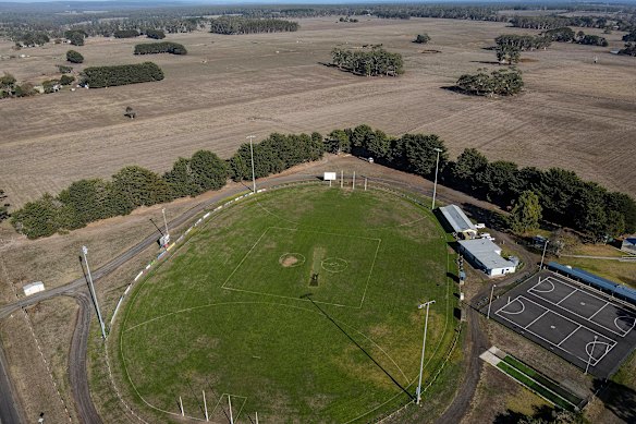 The football ground in Irrewillipe, surrounded by barren fields. 