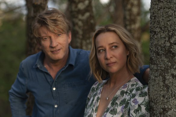 Journalist Birdie Bell (Asher Keddie) matches with Joe Burt (David Wenham) in the eight-part thriller <i>Fake</i>.