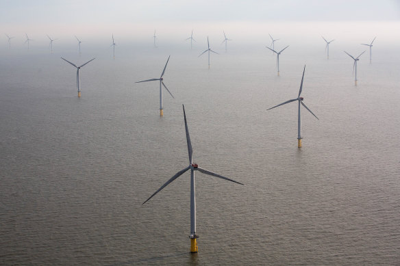 Rapid growth: Wind turbines sit in the North Sea at the London Array offshore wind farm in the Thames Estuary, UK.
