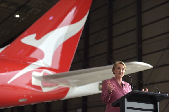 Vanessa Hudson, chief executive officer of Qantas, speaking during a news conference at the company’s hangar in Tullamarine.