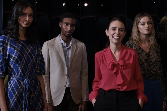 NZ Prime Minister Jacinda Ardern at the launch of The NZ Design Edit at David Jones, Sydney. With models wearing (l-r) Kate Sylvester, Barkers suit and Max.