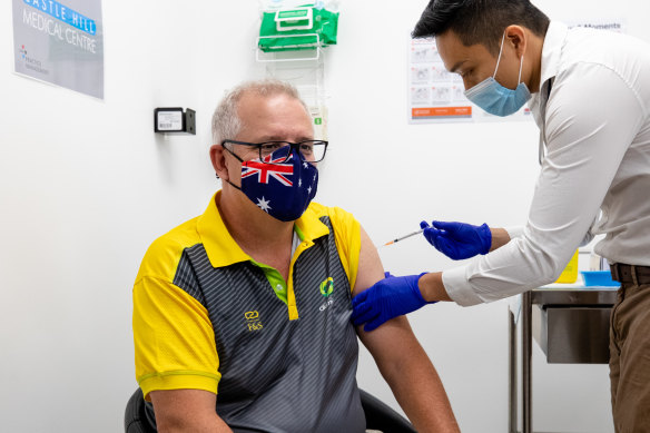 Prime Minister Scott Morrison receives his first COVID-19 vaccination in February.