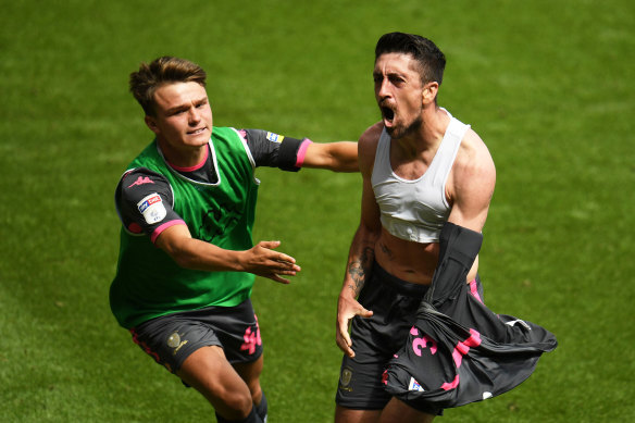 Pablo Hernandez celebrates his late winner at Swansea.